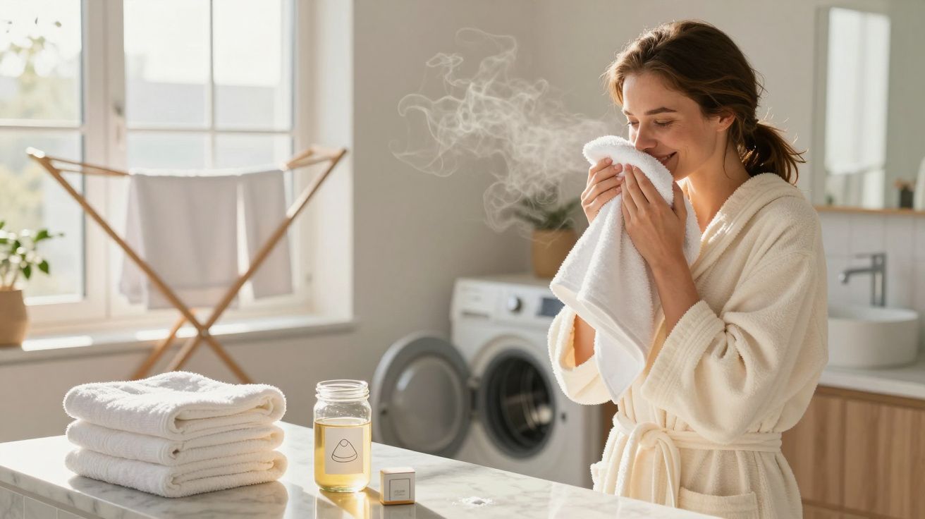 Femme en peignoir sentant une serviette fraîche dans une buanderie lumineuse avec machine à laver.