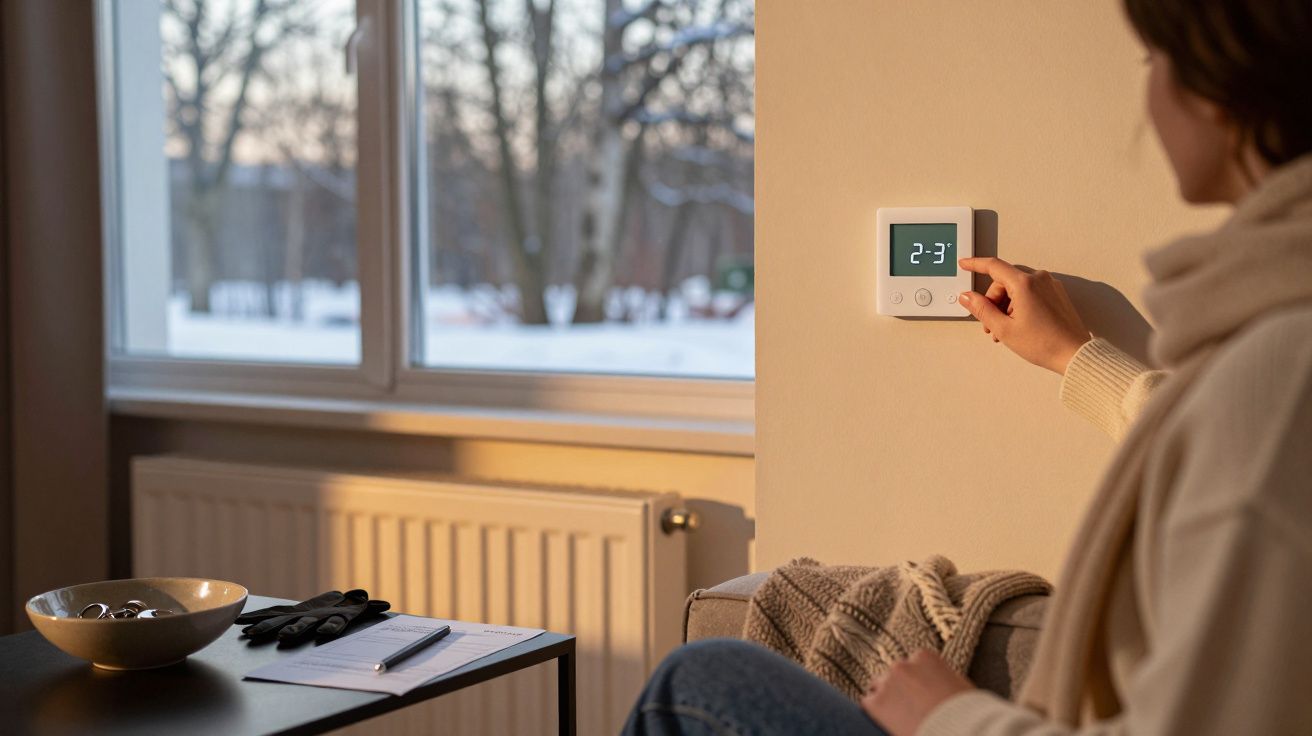 Personne réglant un thermostat sur un mur dans une pièce avec une fenêtre montrant un paysage hivernal enneigé.