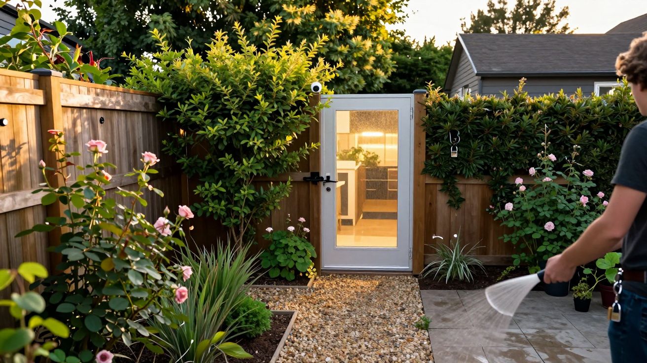 Jardin avec plantes fleuries et porte vitrée menant à une pièce lumineuse, personne arrosant sur la droite.