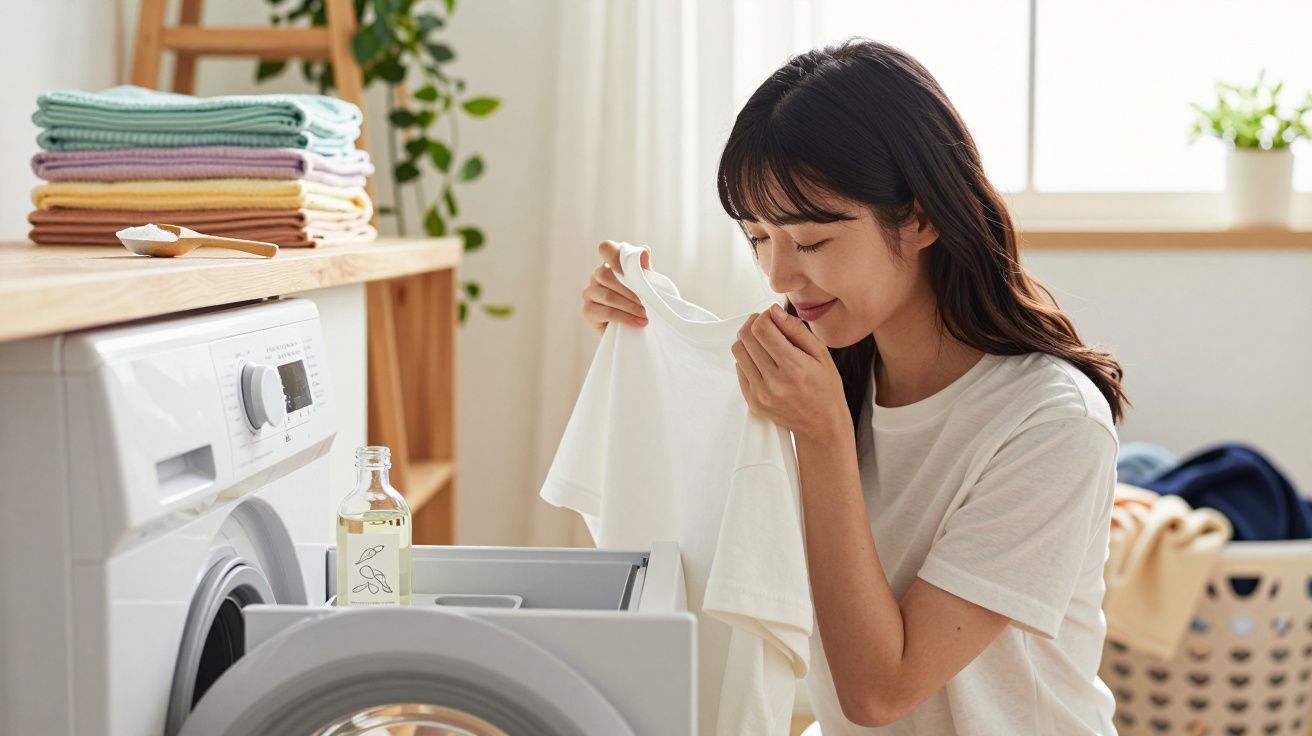 Jeune femme sentant un t-shirt propre devant une machine à laver dans une buanderie lumineuse.