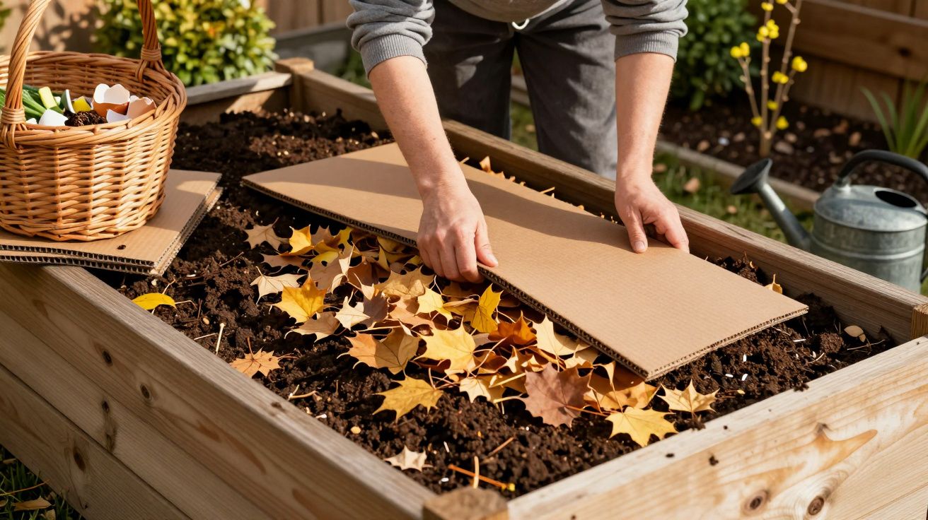 Une personne pose un carton sur un carré potager rempli de feuilles mortes et de terre, avec un arrosoir à proximité.
