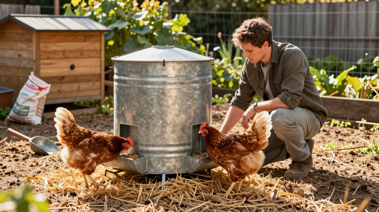Jeune homme s'occupant de poules près d'un grand distributeur de nourriture dans un jardin ensoleillé.