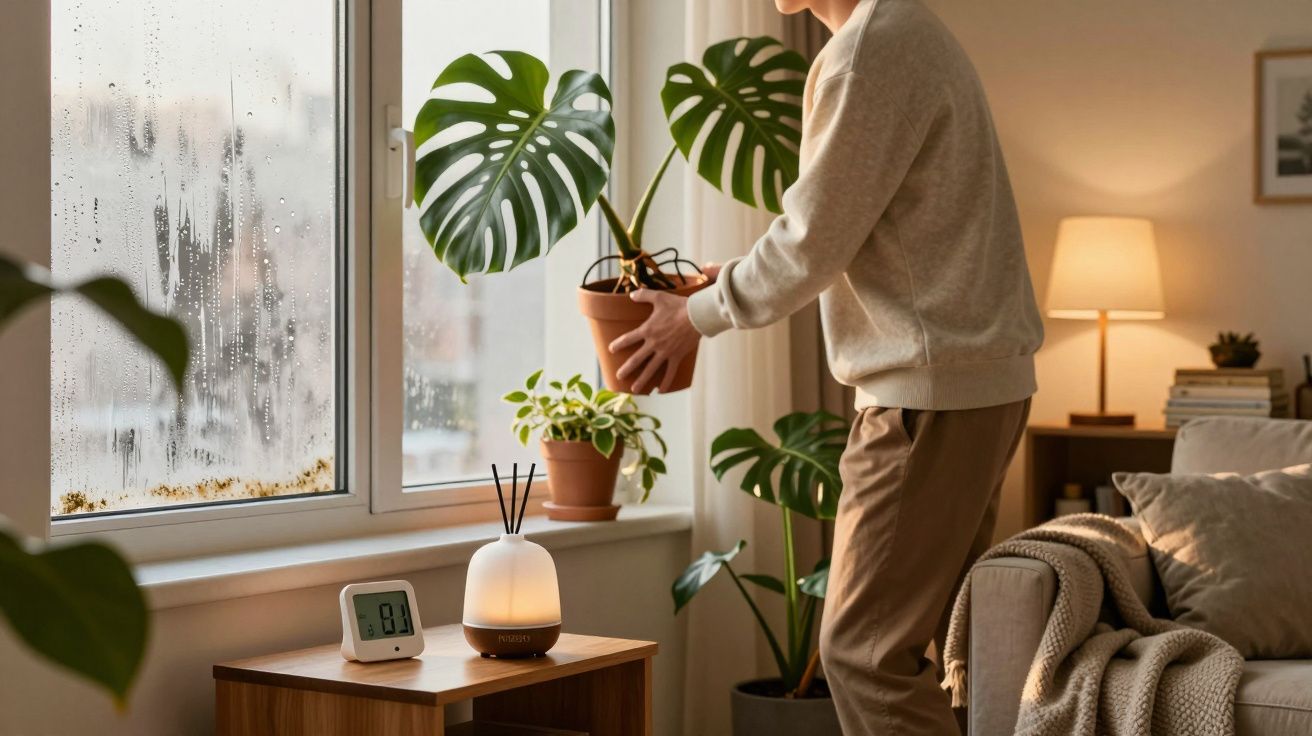 Personne arrange une plante d’intérieur près d’une fenêtre embuée dans un salon chaleureux.