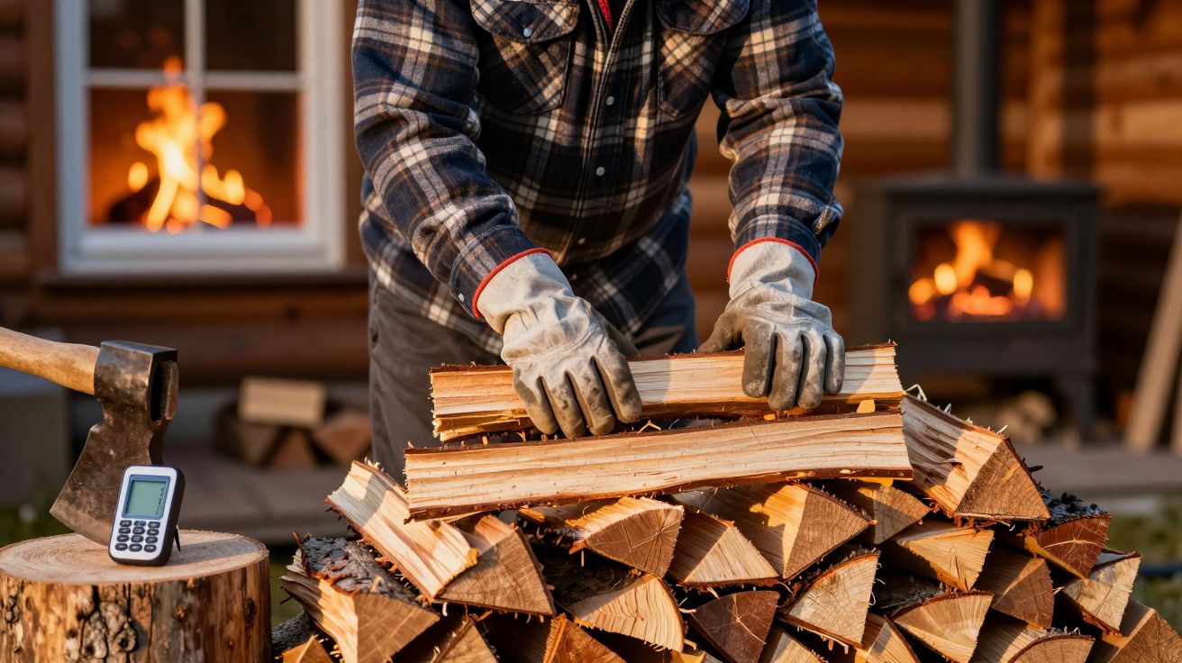 Personne empilant des bûches en bois devant une maison en bois avec feu de cheminée visible.