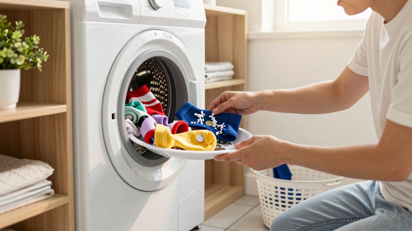 Personne chargeant des chaussettes colorées dans un lave-linge dans une buanderie lumineuse.
