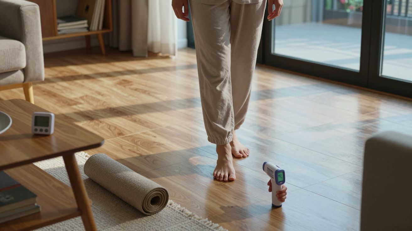 Personne marchant pieds nus sur un sol en bois dans un salon avec un tapis de yoga et un thermomètre infrarouge.