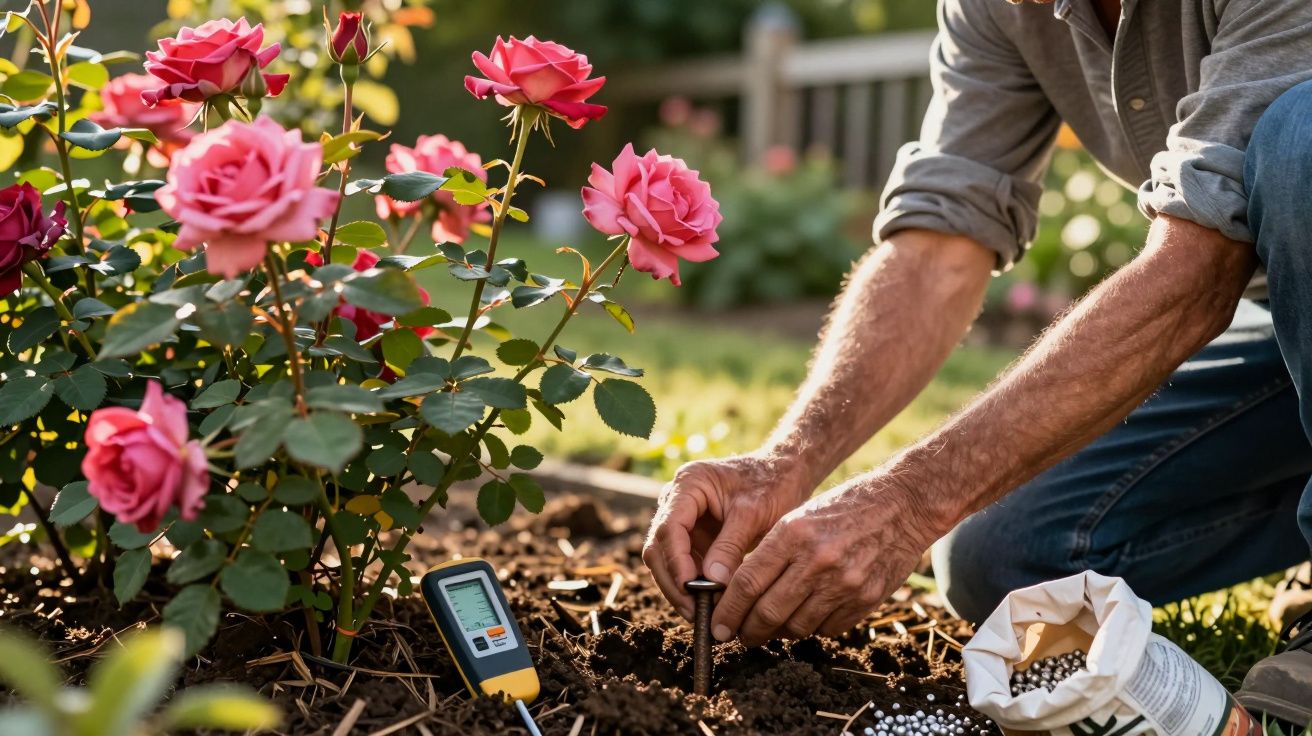 Personne plantant un capteur dans la terre à côté d’un buisson de roses roses en pleine journée.