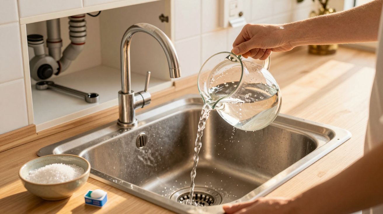 Une personne verse de l'eau d'une carafe dans un évier en inox dans une cuisine lumineuse.