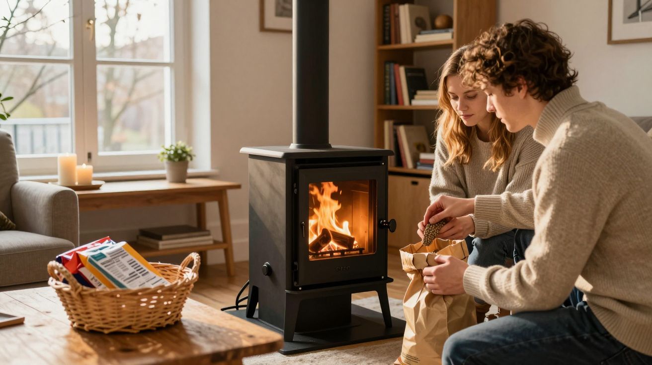 Un jeune couple prépare un feu dans un poêle à bois dans un salon lumineux et chaleureux.