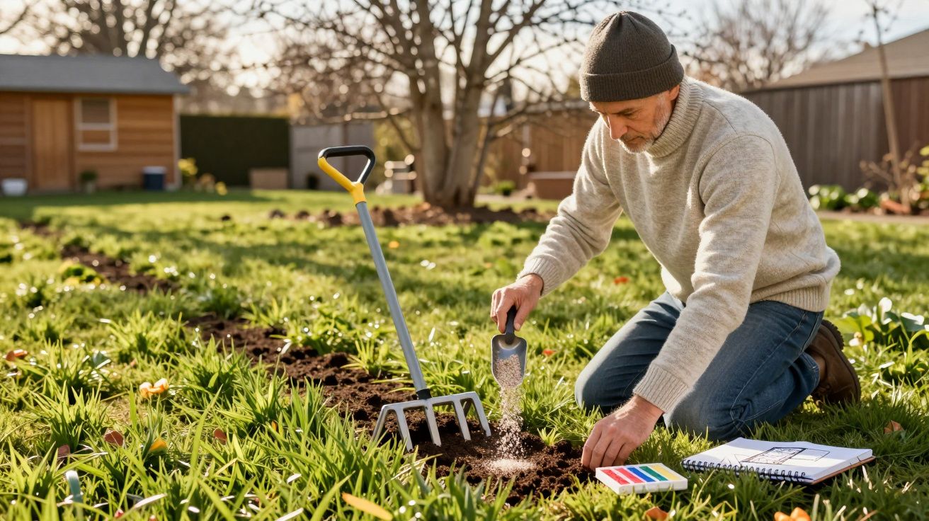 Homme âgé en pull et bonnet qui jardine en déposant des graines dans un jardin au lever du soleil.