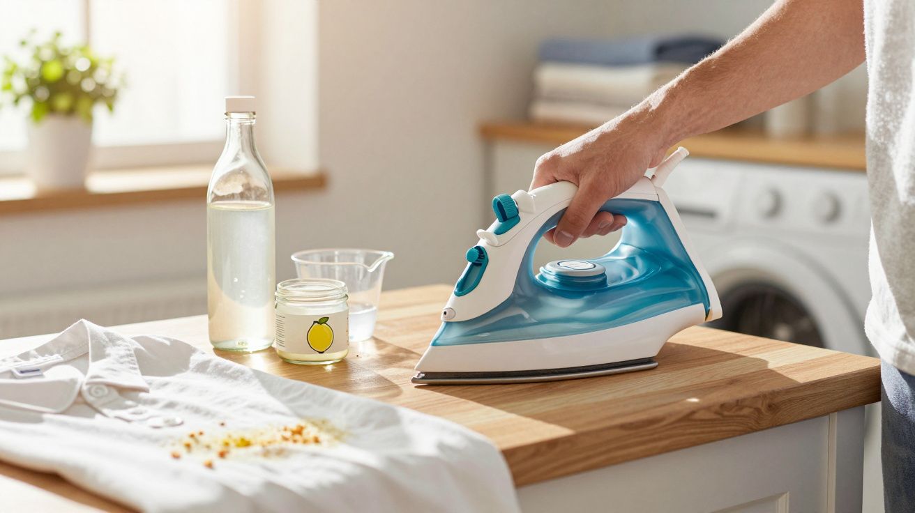 Personne utilisant un fer à repasser bleu sur une chemise blanche tachée posée sur une table en bois.