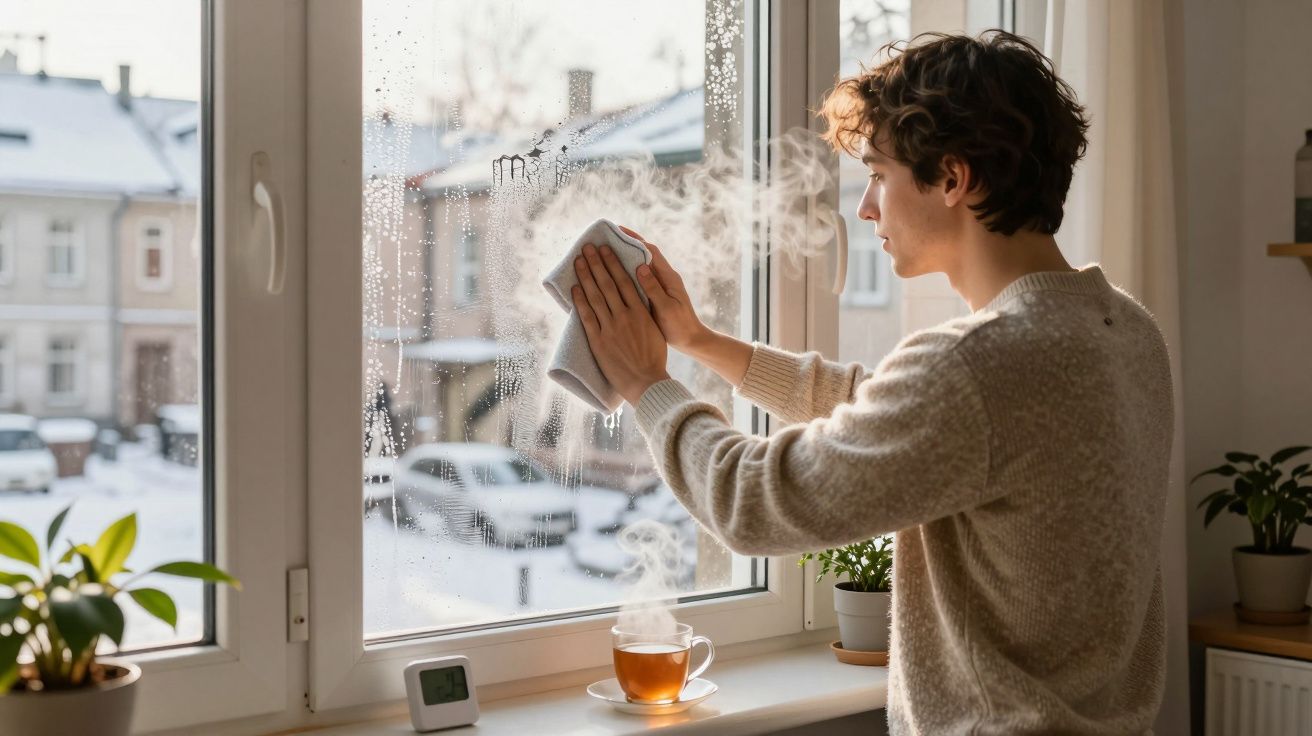 Jeune homme essuyant une fenêtre embuée avec un chiffon dans une pièce lumineuse et cosy.