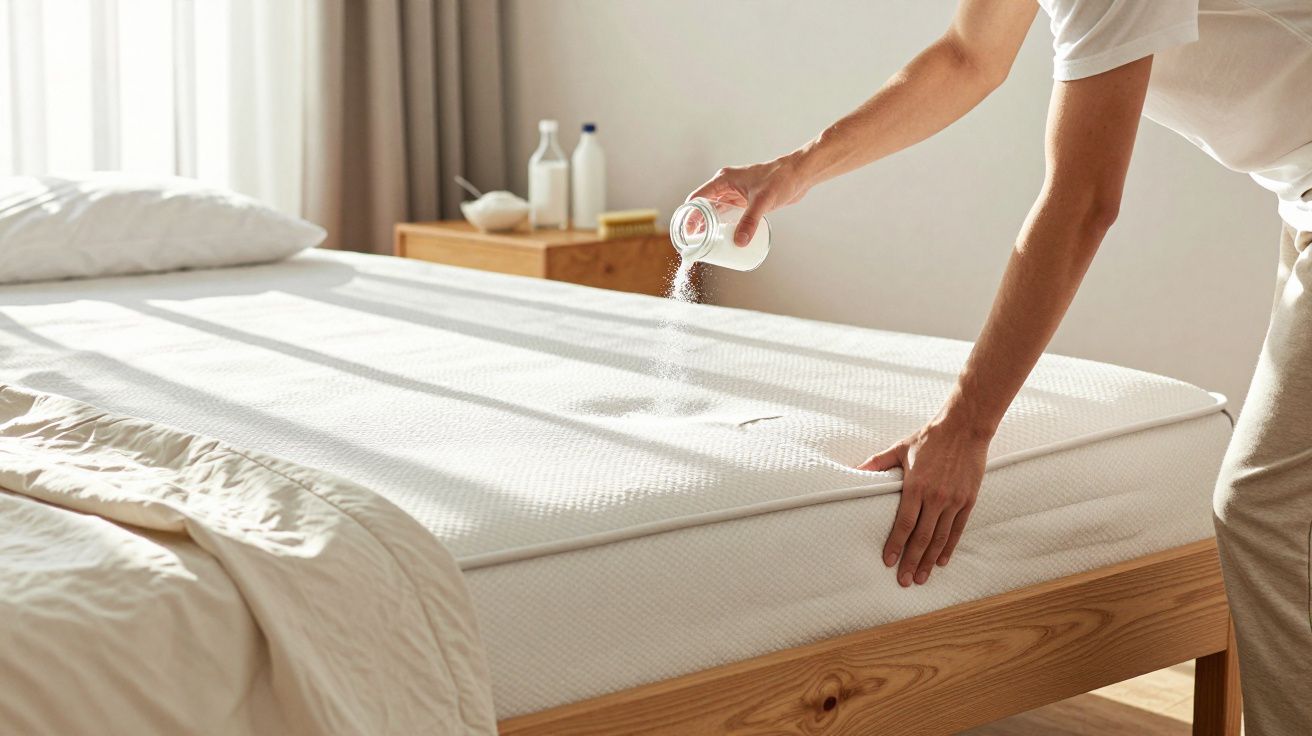 Personne versant de la poudre blanche sur un matelas blanc dans une chambre lumineuse et épurée.