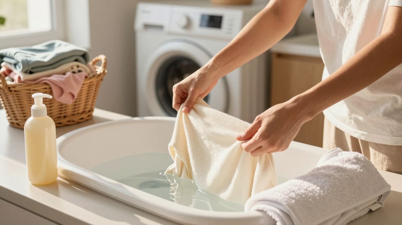 Personne lavant un vêtement blanc à la main dans une bassine d'eau, panier de linge et machine à laver en arrière-plan.