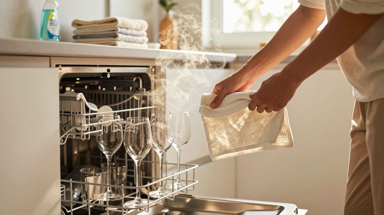 Une personne essuie des verres à vin fumants sortis d'un lave-vaisselle dans une cuisine lumineuse.