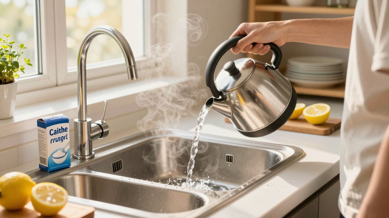 Une personne verse de l'eau bouillante d'une bouilloire dans un évier de cuisine près d'une fenêtre.