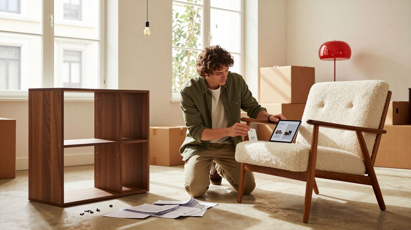 Homme assemblant un meuble en bois dans un salon lumineux avec des cartons de déménagement.