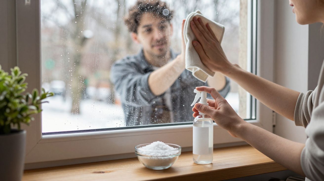 Personne nettoyant une fenêtre avec un chiffon et un spray, vue d'intérieur avec plante et bol de sel blanc.
