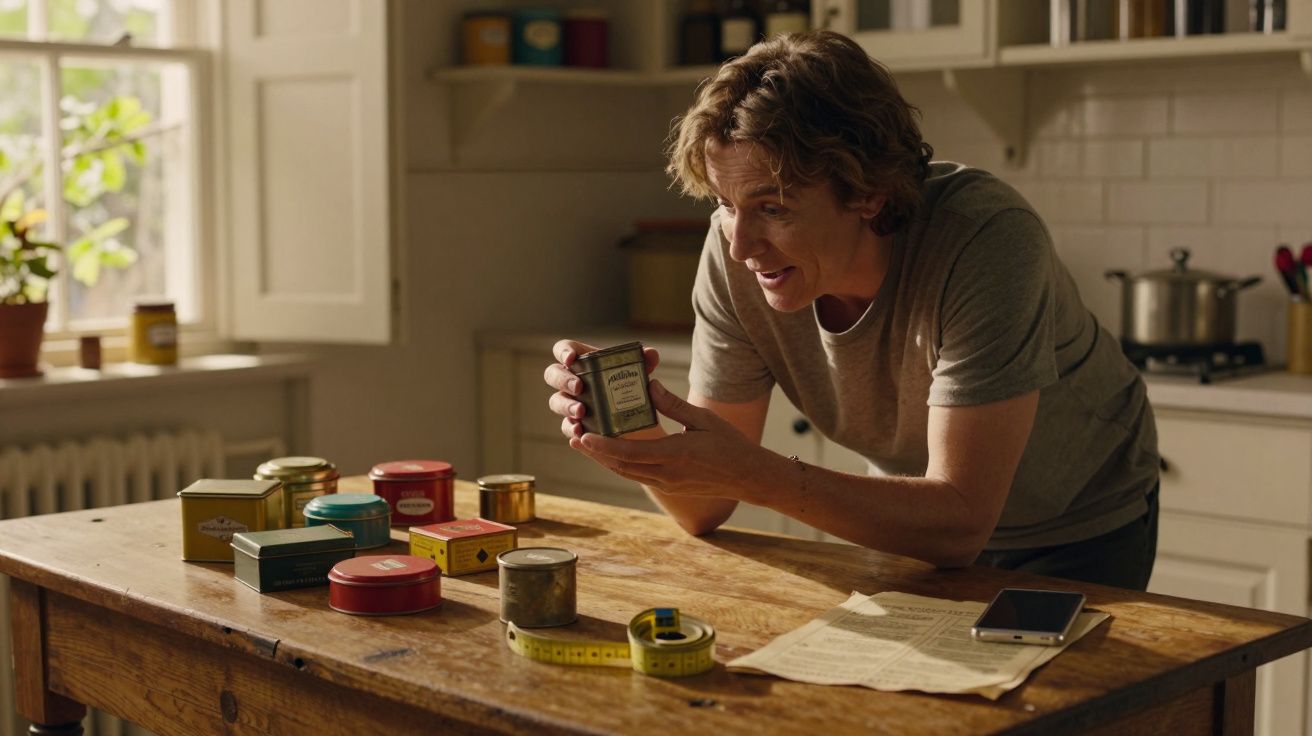 Homme souriant examine une boîte métallique sur une table en bois avec plusieurs boîtes, un mètre et un téléphone.