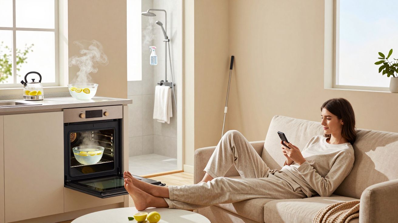 Femme détendue sur canapé, pieds sur table, regardant smartphone, cuisine avec four ouvert et bol chauffant.