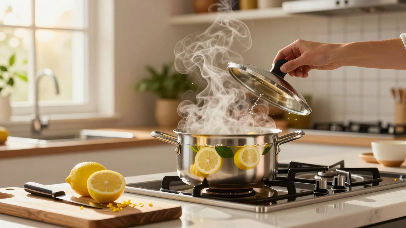 Main levant le couvercle d'une casserole fumante avec des tranches de citron sur une cuisinière à gaz.