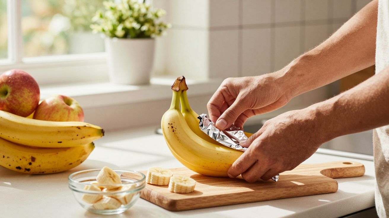 Mains enveloppant une banane avec du papier aluminium sur une planche en bois dans une cuisine lumineuse.