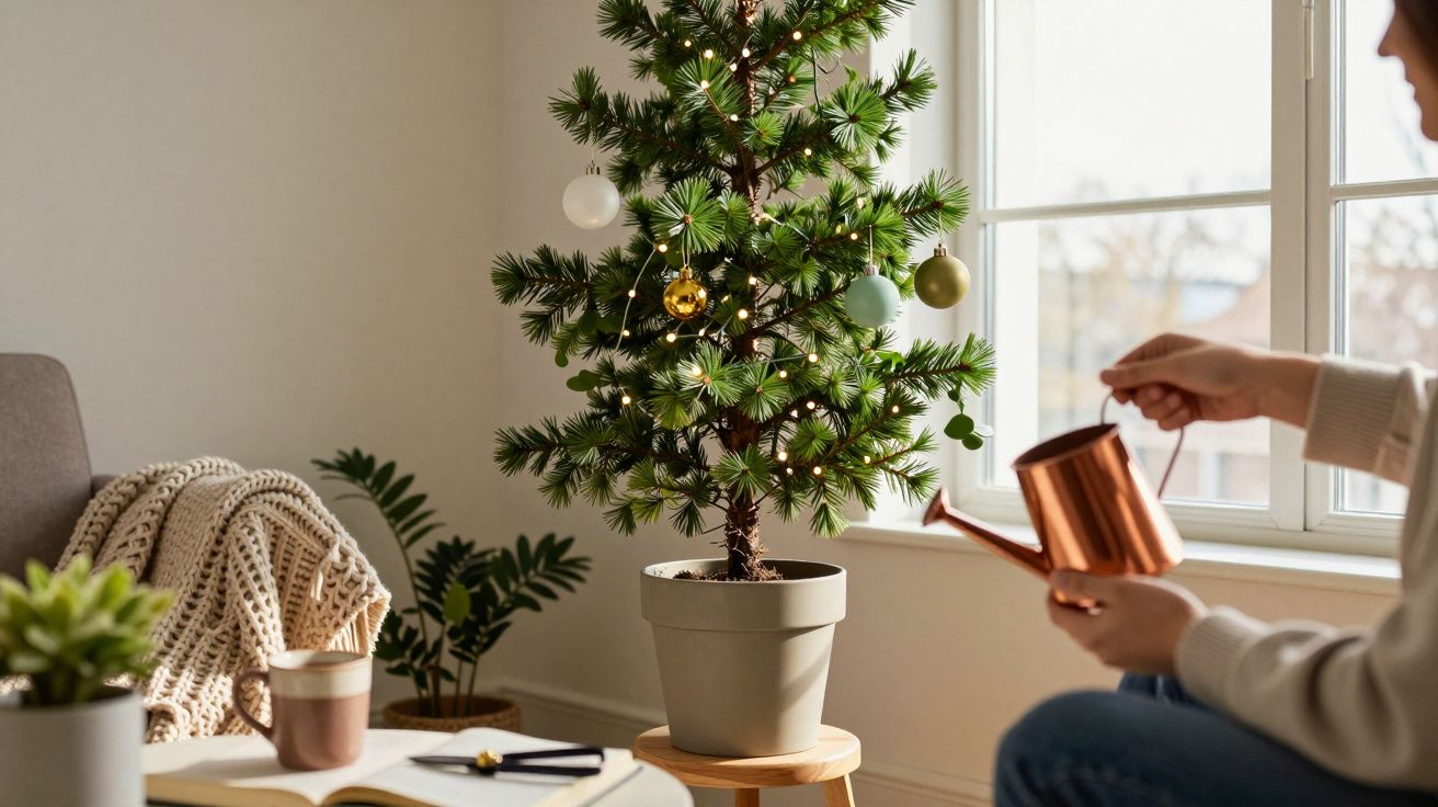 Personne arrosant un sapin de Noël en pot décoré avec guirlandes et boules, dans un salon lumineux.