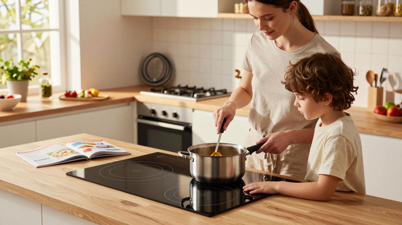 Une femme et un garçon cuisinent ensemble dans une cuisine moderne et lumineuse.
