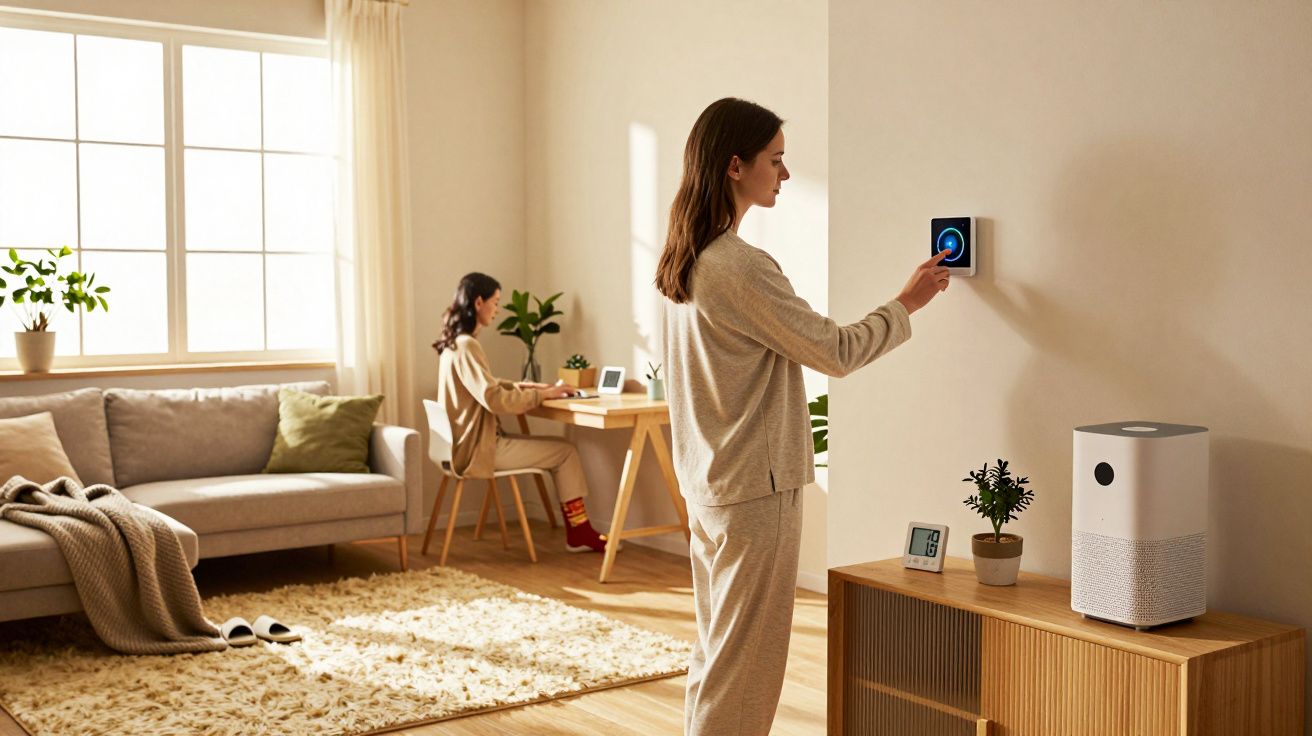 Deux femmes dans un salon lumineux, une ajuste un thermostat mural, l'autre travaille à un bureau.