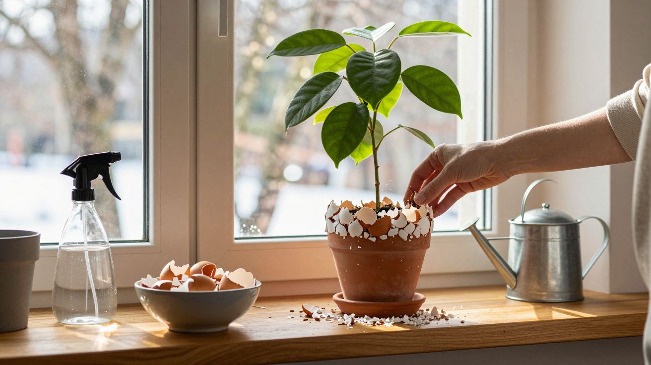 Main déposant des coquilles d’œufs autour d’une plante en pot sur un rebord de fenêtre ensoleillé.