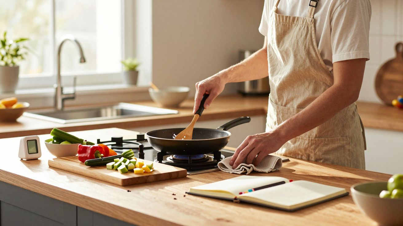 Personne en tablier cuisinant avec une poêle, légumes frais et carnet de recettes sur un plan de travail en bois.