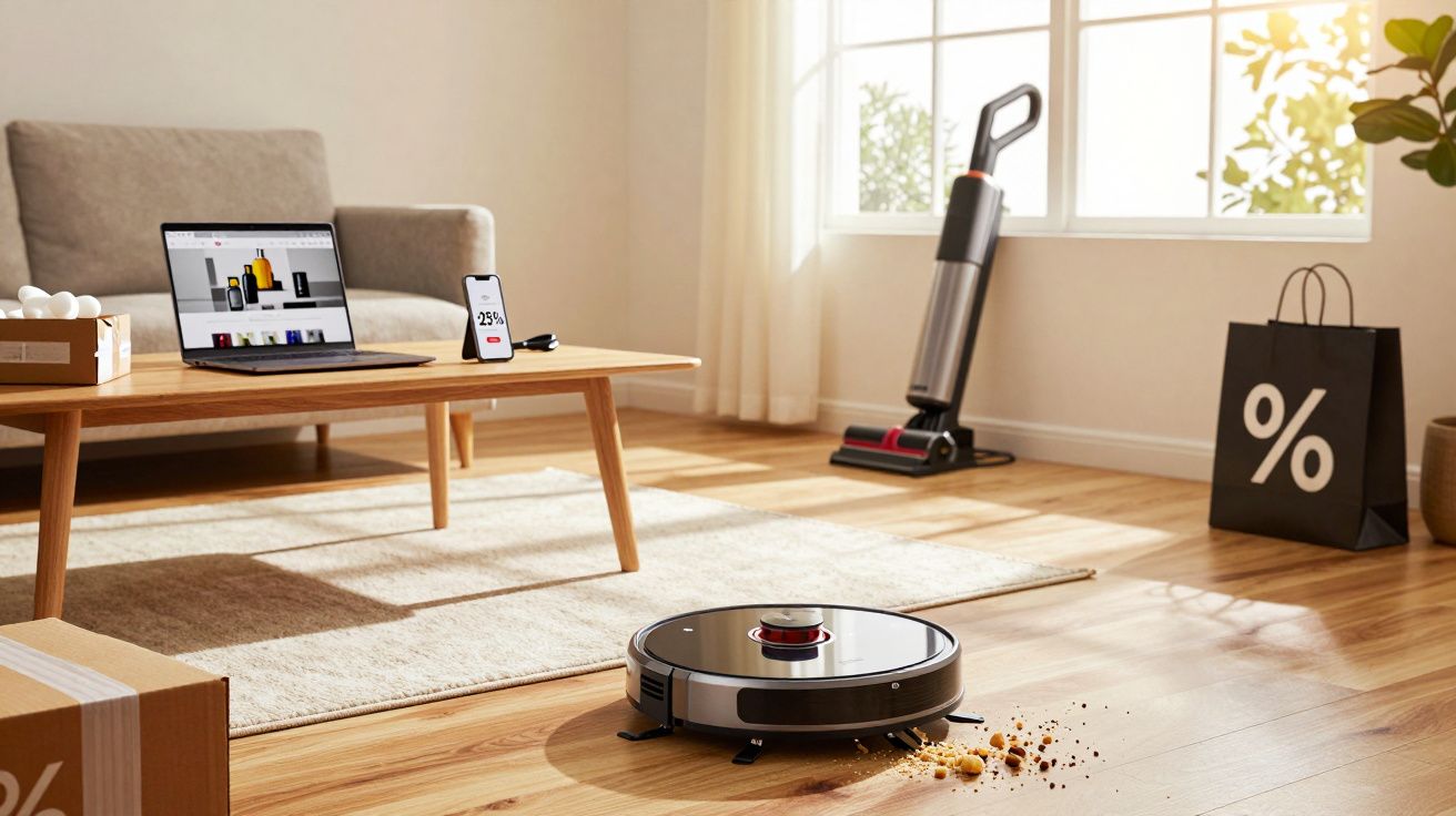 Robot aspirateur nettoyant des miettes sur un sol en bois dans un salon lumineux avec ordinateur et téléphone sur une table b