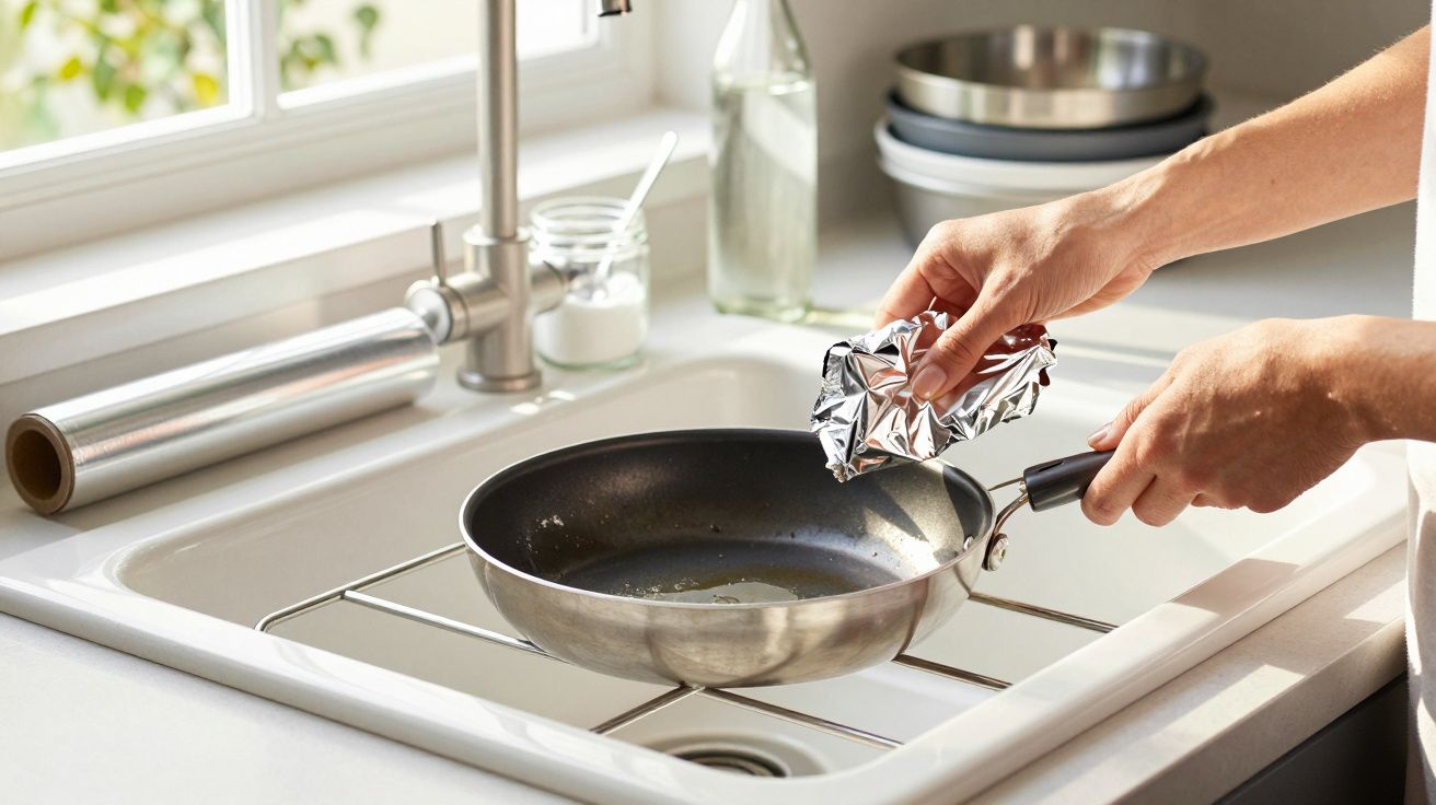 Mains d'une personne nettoyant une poêle avec du papier aluminium au-dessus d'un évier moderne.