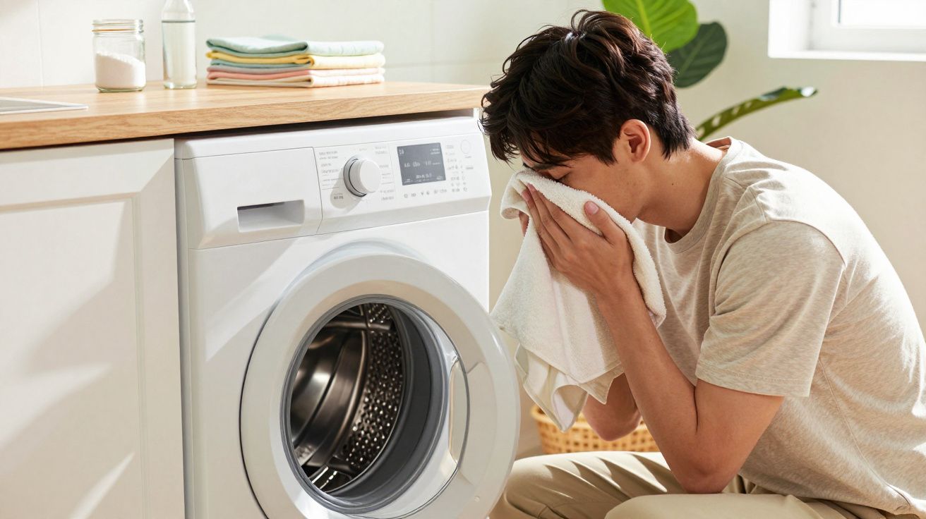 Homme assis devant une machine à laver, essuyant son visage avec une serviette blanche dans une buanderie lumineuse.