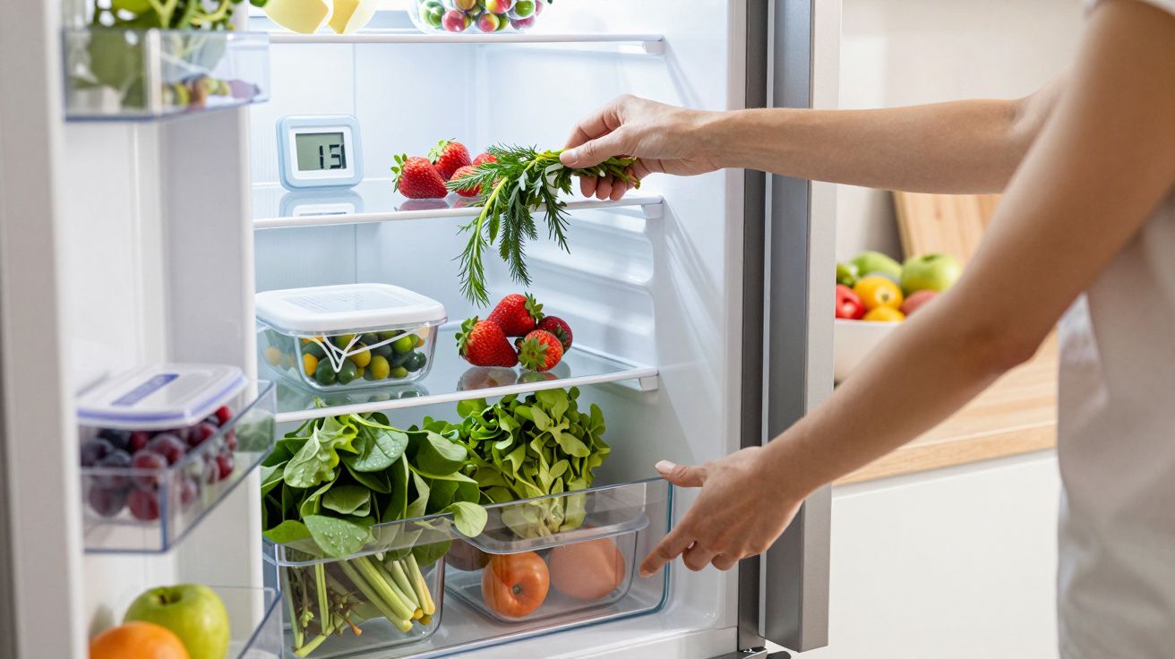 Main rangeant des légumes et fruits frais dans un réfrigérateur bien organisé et propre.