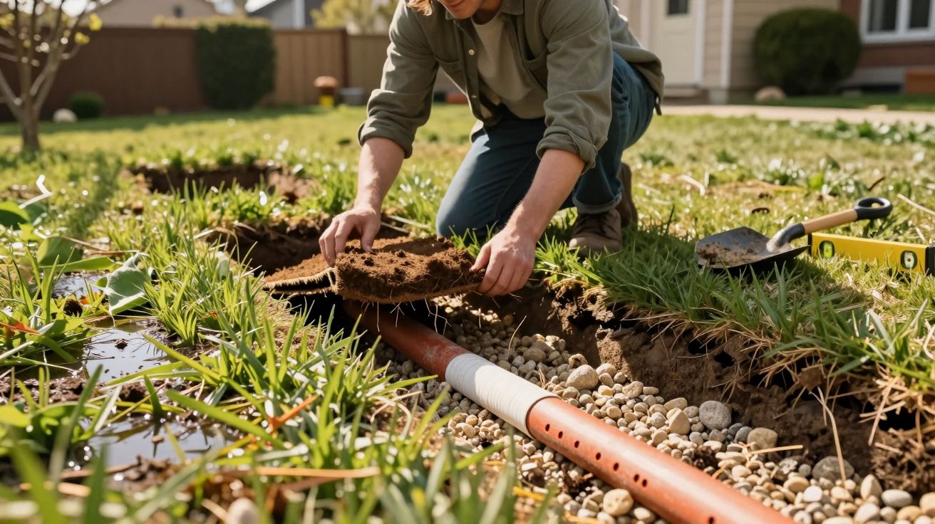 Personne en train de poser un tuyau perforé dans une tranchée creusée dans un jardin herbeux.