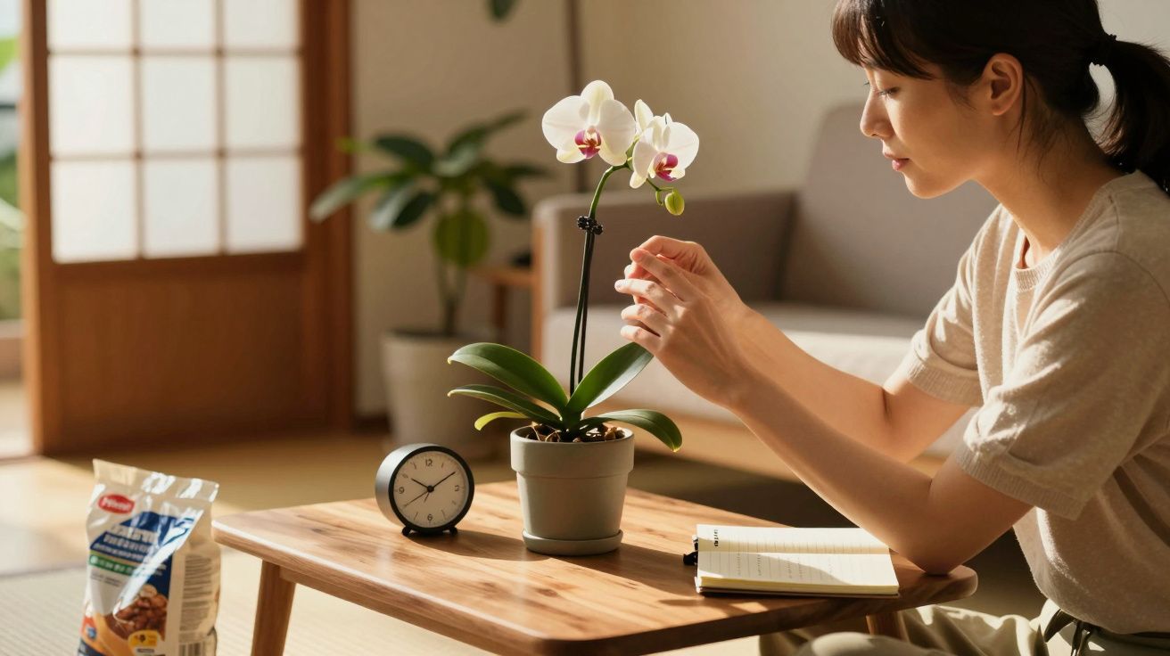 Femme assise à une table en bois, prenant soin d'une orchidée blanche dans un intérieur lumineux et zen.