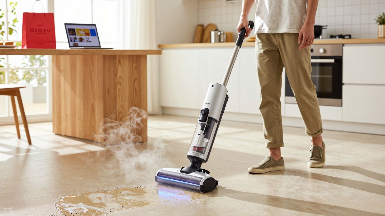 Personne utilisant un aspirateur vapeur blanc pour nettoyer une tache au sol dans une cuisine moderne.