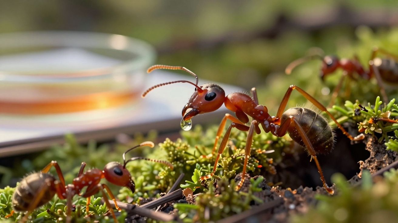 Gros plan sur une fourmi rouge tenant une goutte d'eau dans sa bouche, sur un sol végétal.