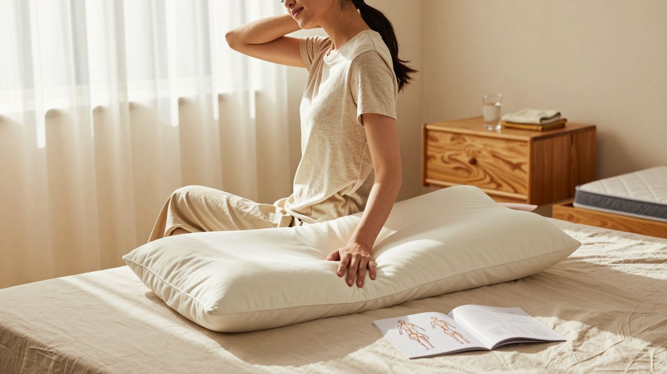 Femme assise sur un lit tenant un coussin orthopédique blanc, avec un livre ouvert et commode en arrière-plan.