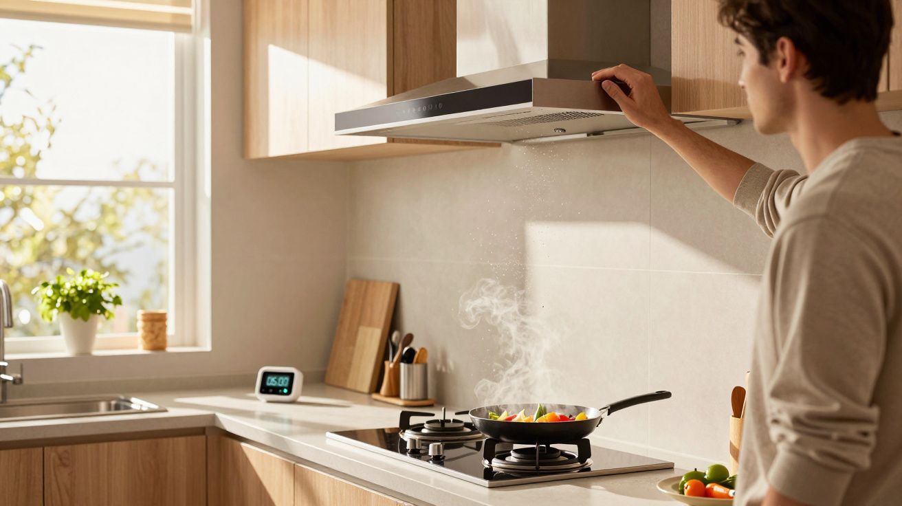 Jeune homme actionnant la hotte aspirante au-dessus d'une poêle fumante dans une cuisine lumineuse.