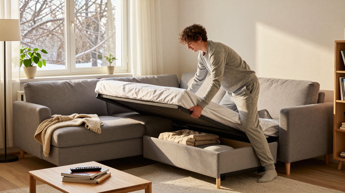 Jeune homme dépliant un canapé-lit gris dans un salon lumineux avec une table basse et une bibliothèque.