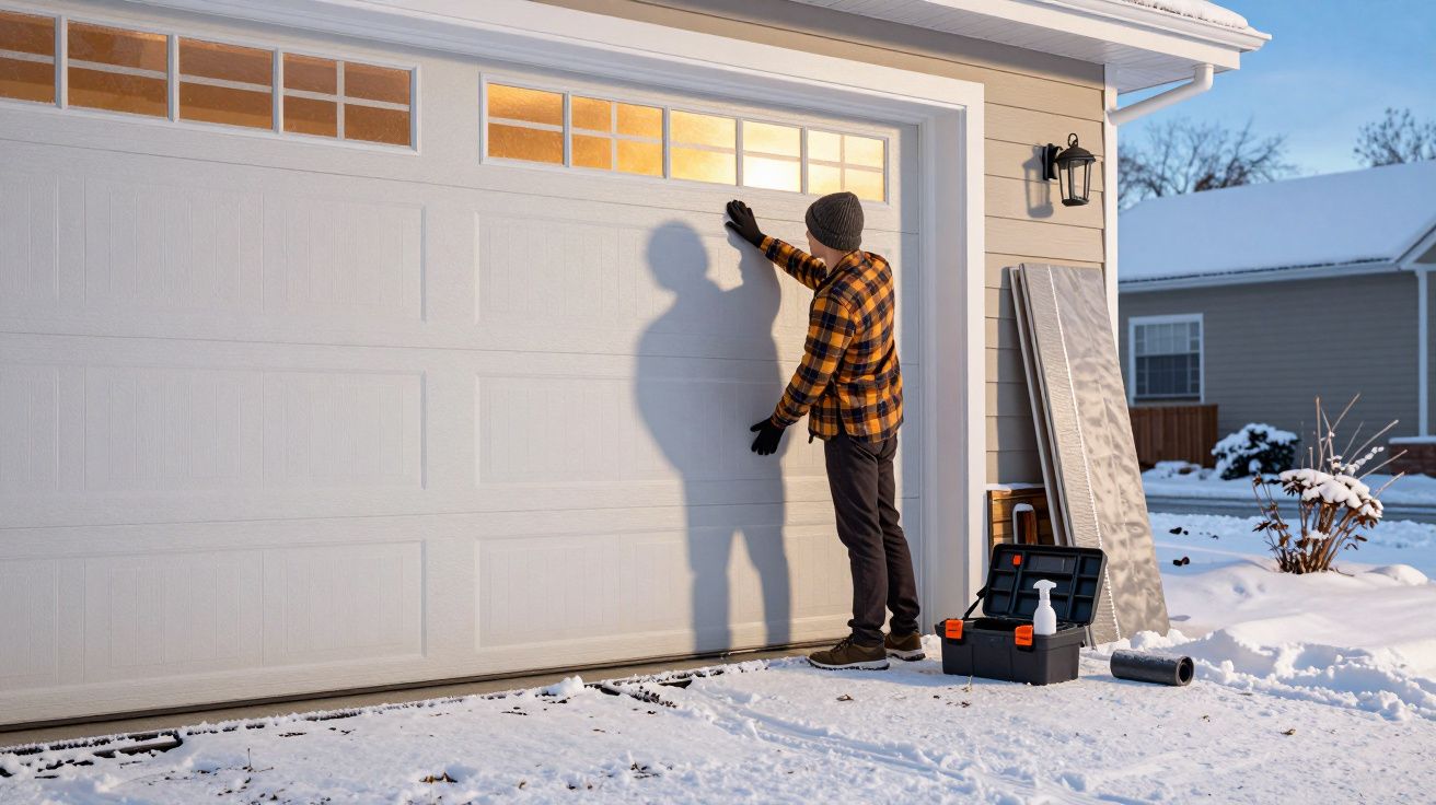 Homme en hiver vérifiant une porte de garage blanche devant une maison, boîte à outils sur la neige.