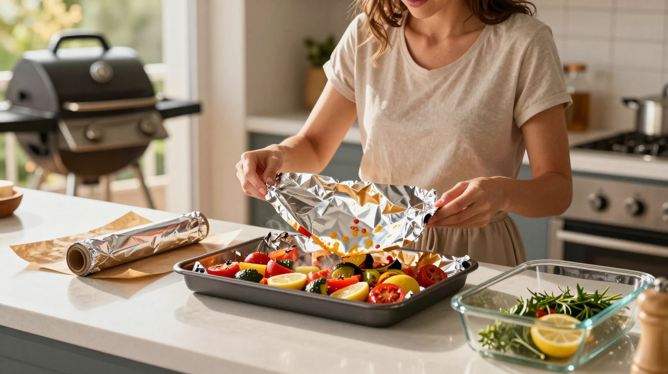 Femme préparant un plat de légumes variés dans un four, couvrant un plat avec du papier aluminium dans une cuisine moderne.