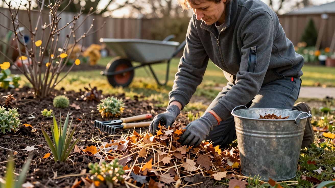 Personne en tenue de jardinage ramassant des feuilles mortes dans un parterre avec des outils et un seau en métal.