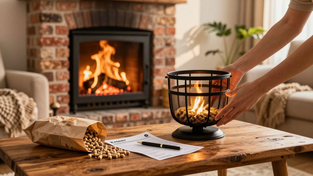 Mains plaçant un brûleur de cônes de sapin allumé sur une table en bois près d’une cheminée allumée.