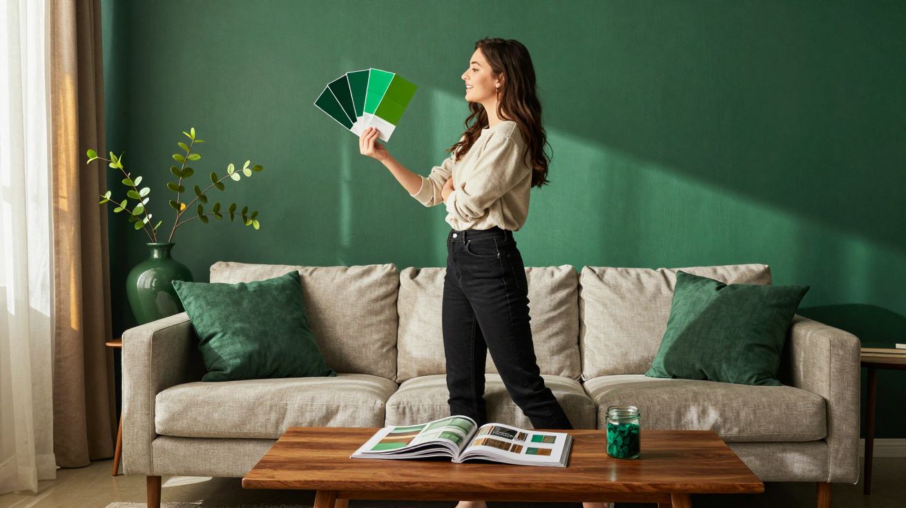 Jeune femme tenant des nuanciers verts dans un salon avec canapé beige et mur vert.