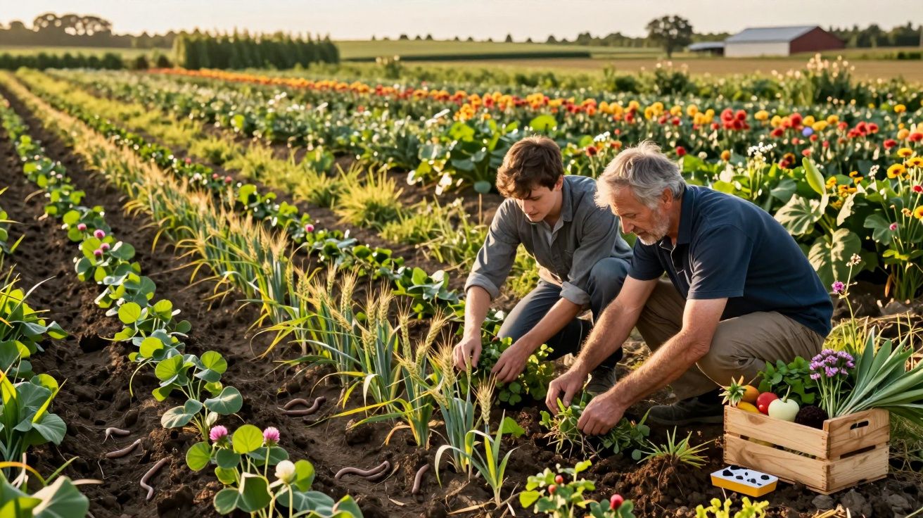 Un homme et un garçon jardinent ensemble dans un champ de fleurs colorées au coucher du soleil.