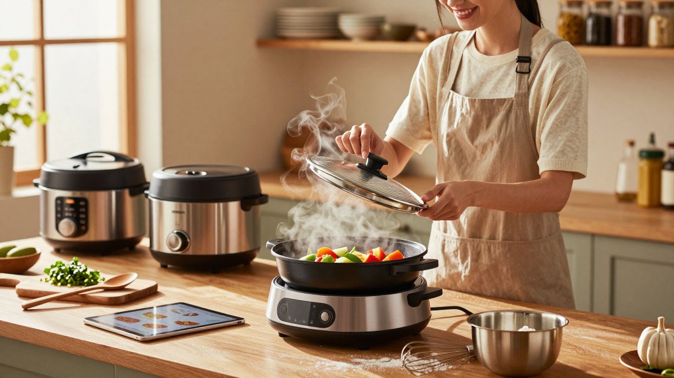 Femme souriante en tablier ouvre un couvercle d'appareil de cuisson avec légumes colorés et vapeur.