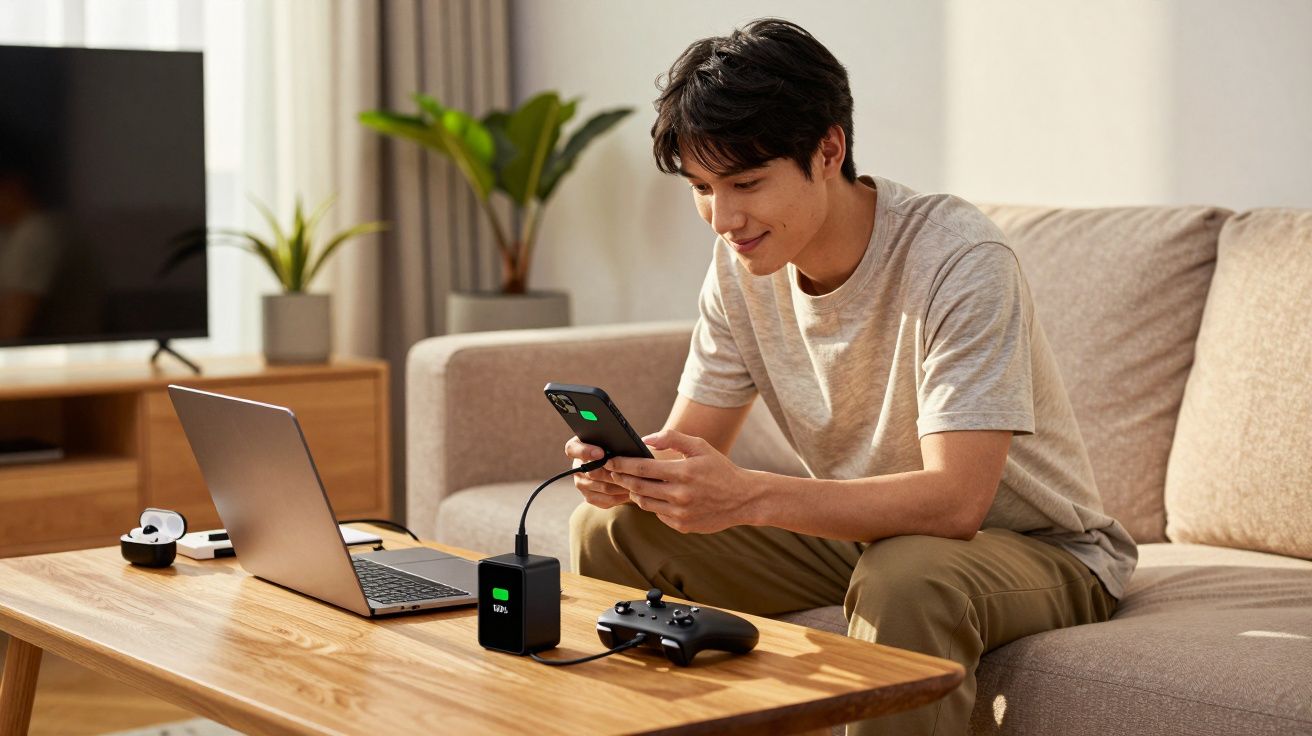 Jeune homme assis sur un canapé, utilisant un smartphone en charge à côté d’un ordinateur portable et manette de jeu.